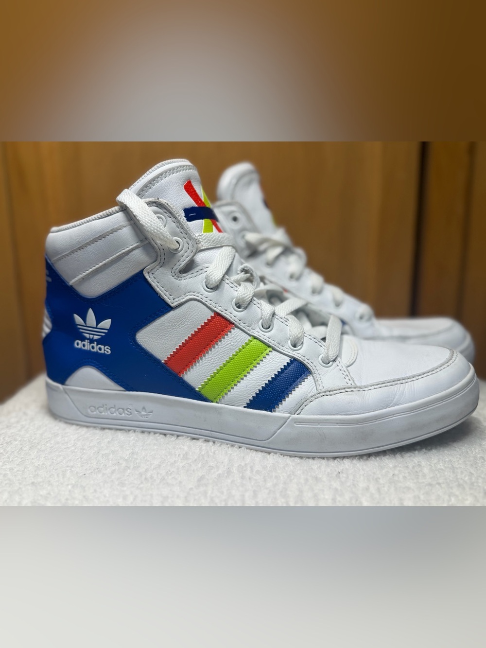 adidas Men’s Hardcourt High-Top Sneakers with Blue, Red & Neon Yellow Stripes